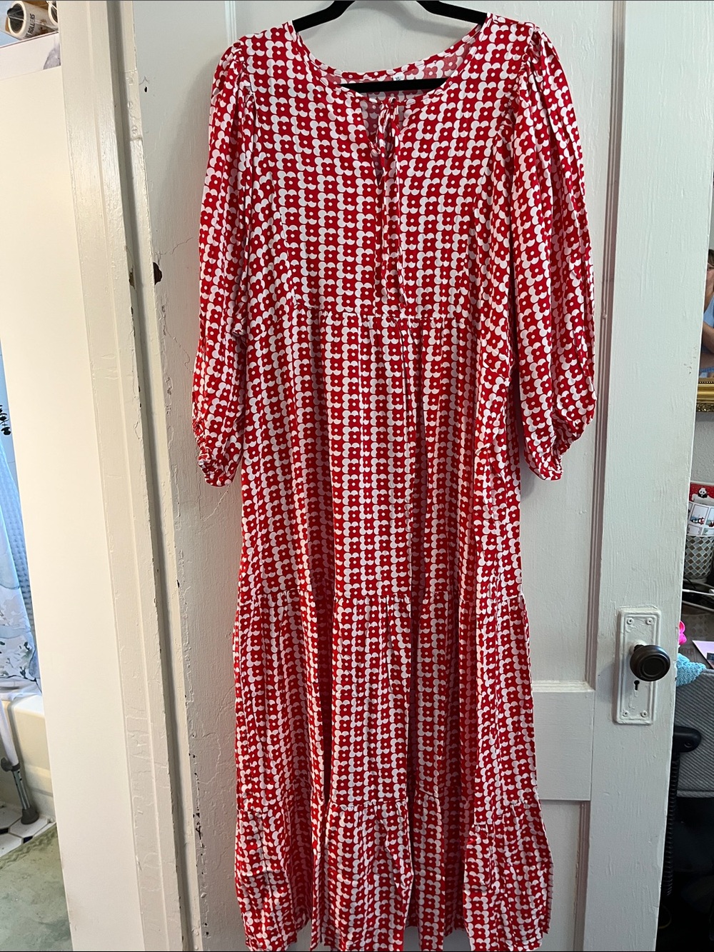 Red & White Printed Maxi Dress with Puff Sleeves